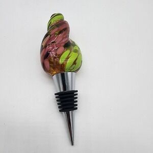 Hand-Blown Art Glass Wine Bottle Stopper with Swirl Color Top – Green Pink Amber